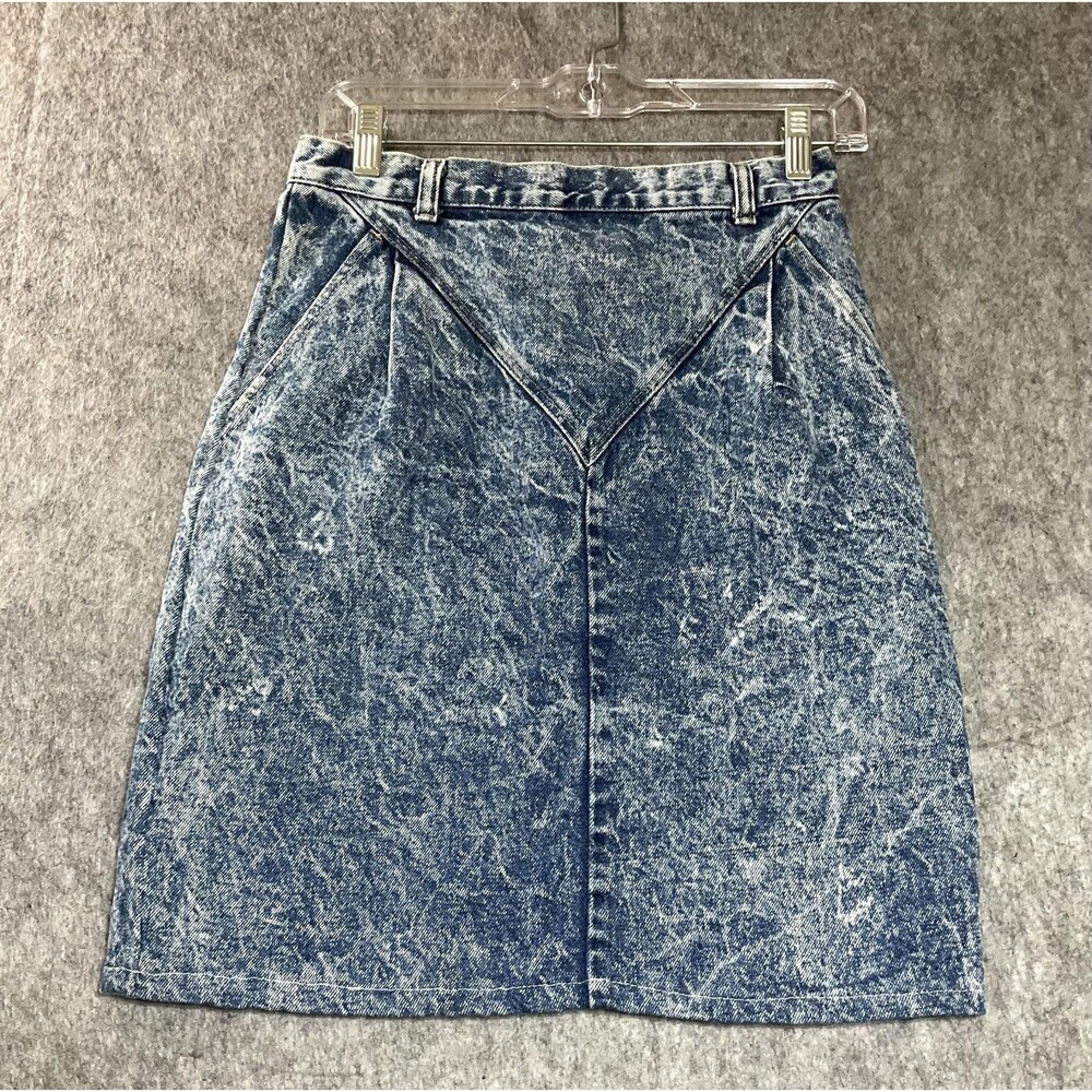 Vintage Denim Skirt Womens Small Blue Acid Wash Pockets High Waist 90s Made USA
